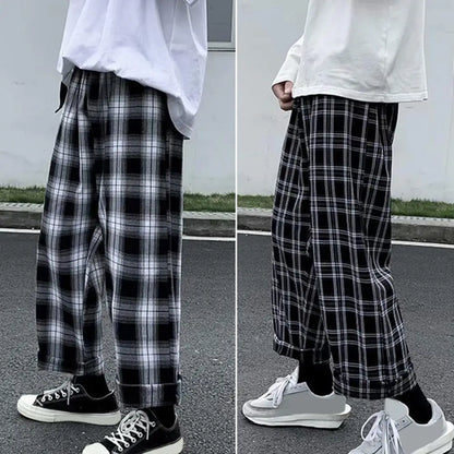 maoxiangshop Autumn Men Pants Plaid Streetwear Wide Leg Elastic Waist Loose Sports Pants Trousers Checkered Wide Leg Pants for Travel