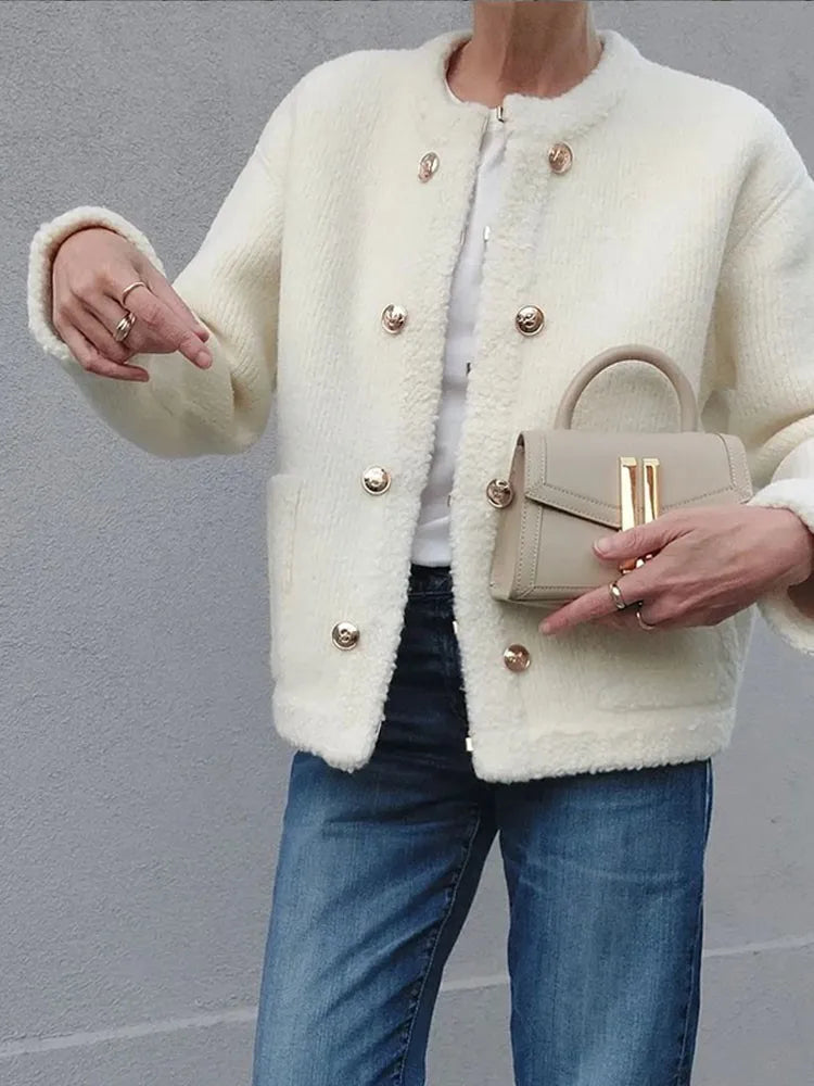 maoxiangshop -  Elegant Solid Lambwool Buttoned Coats Fashion Autumn Long Sleeve O Neck Warm Top Winter Office Ladies Pocket Outwear