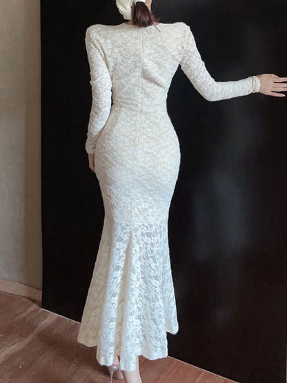 maoxiangshop White Lace Dresses Women Elegant Temperament Bodycon Mermaid Dress Autumn Long Sleeve V Neck Evening Party Hip Wrap Long Dresses