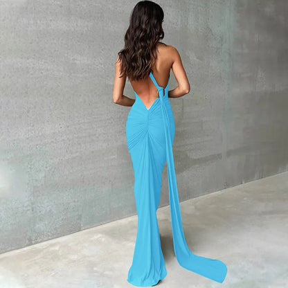 maoxiangshop Backless Maxi Dress Elegant Red Long Sleeve Sexy Ruched Bodyocn Evening Party Dress for Women Spring Slim Christmas Outfits