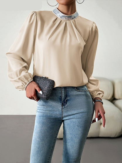 Elegant Women's Blouse Autumn Fashion Solid Puff Long Sleeve Tops Casual Youth Sequin Turtleneck Shirts New Collection