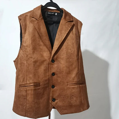 maoxiangshop Vest Men Casual Waistcoat Man Faux leather fashion leather Slim vest lapel classical Vintage gilet European style male