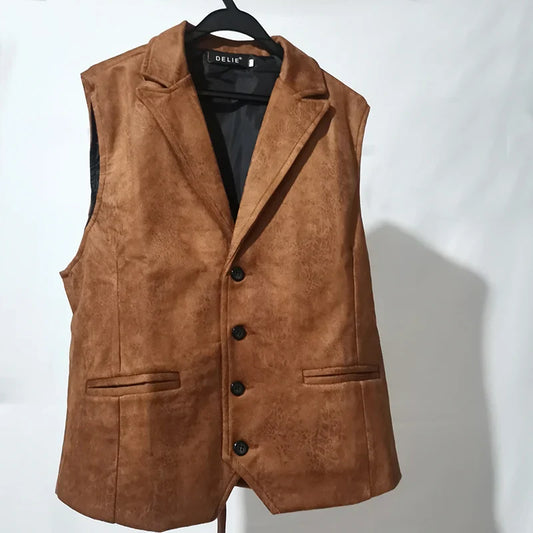 maoxiangshop Vest Men Casual Waistcoat Man Faux leather fashion leather Slim vest lapel classical Vintage gilet European style male