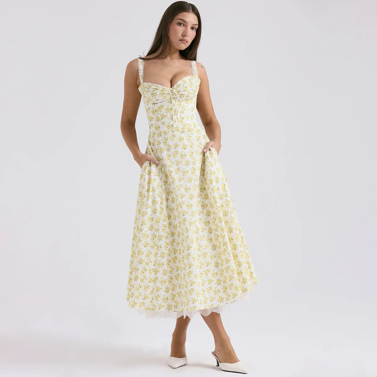 Elegant Summer Midi Dress New Arrivals Floral Print Holiday Flare Party Dress Casual Women Dress Wholesale
