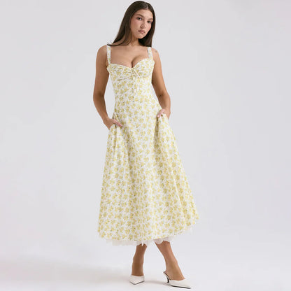 Elegant Summer Midi Dress New Arrivals Floral Print Holiday Flare Party Dress Casual Women Dress Wholesale