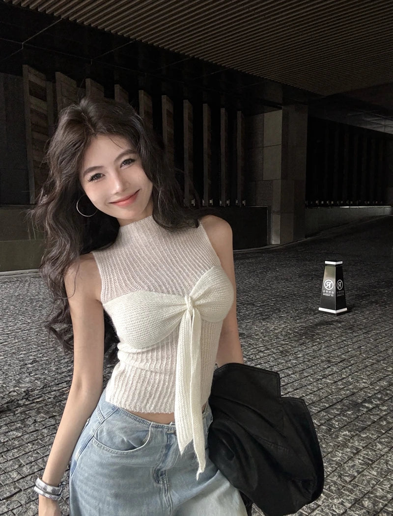 maoxiangshop  -  Y2k Sweater Vest with Bow Half High Collar Jumpers Sexy Slim Sleeveless Knitted Underwear Korean Fashion Autumn Winter