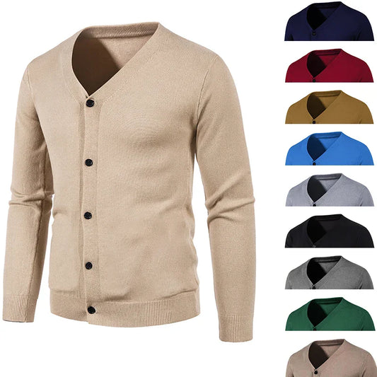 maoxiangshop Autumn Men's Knitted Cardigan Thin V-neck Basic Elastic Slim Fit Thin Sweater Solid Color Casual Versatile Coat
