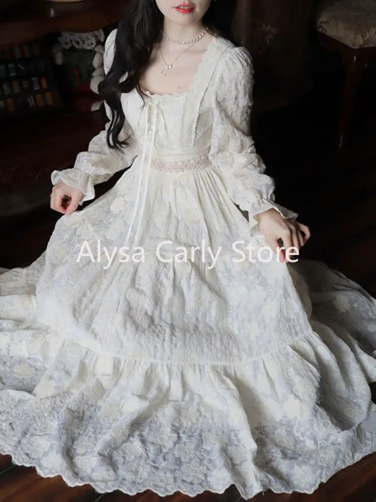 Elegant Vintage Fairy Dress Women Summer Long Sleeve Casual Princess Dress Female Court Retro Even Party Dress Korean Style