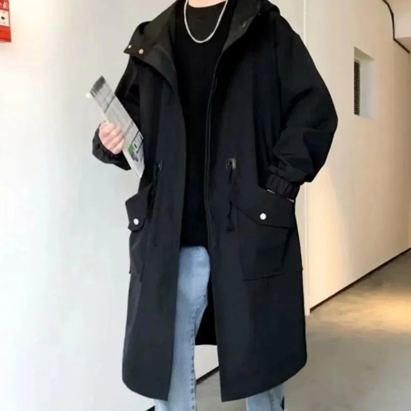 maoxiangshop Spring Autumn Army Green Windbreaker Fashion Men Mid-length Casual Hooded Coat Men Daily High Street Overcoat Male Clothes