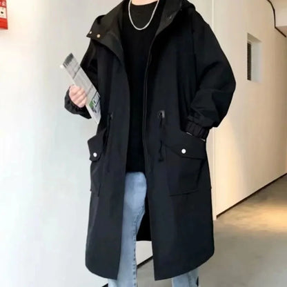 maoxiangshop Spring Autumn Army Green Windbreaker Fashion Men Mid-length Casual Hooded Coat Men Daily High Street Overcoat Male Clothes