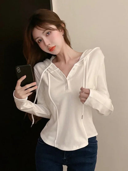 maoxiangshop Korean Style Slim Crop Hoodies Women Pullovers Kpop Solid Hooded Sweatshirt White Long Sleeve Tops Autumn Fashion