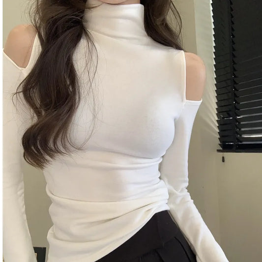 maoxiangshop Autumn Korean Fashion Y2K T-shirt Woman Japanese Turtleneck Sexy Tee Shirt Women Off Shoulder White Vintage White Tops Clothes