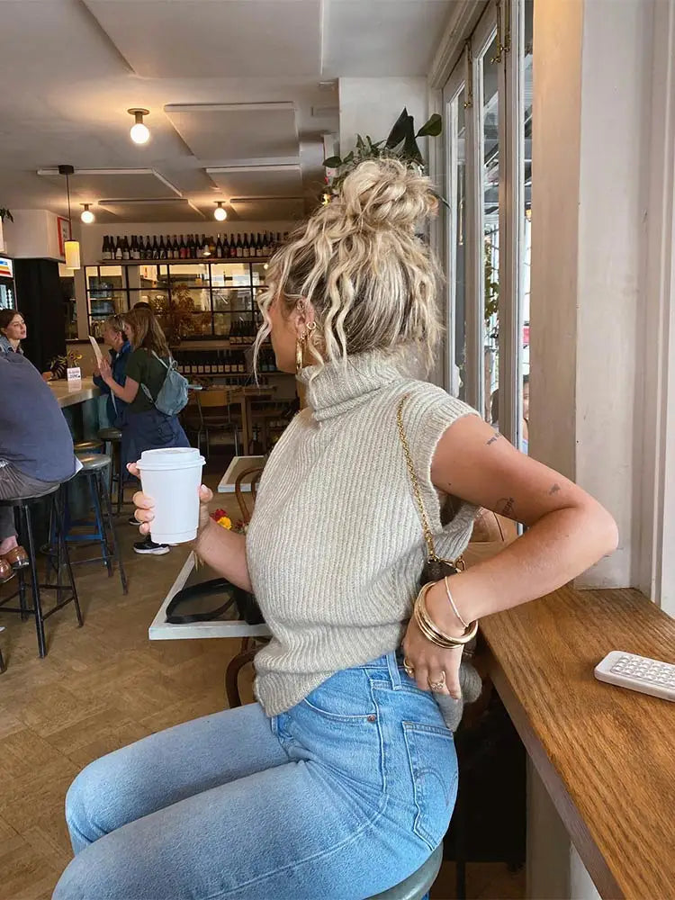 maoxiangshop  -  Women Solid Turtleneck Sweater Vest Casual Backless Thick Pullovers Knitted Sweaters Autumn Female Warm Fashion Streetwear