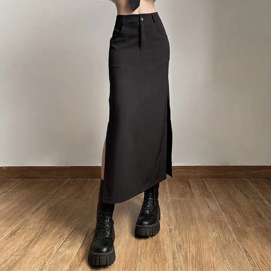 maoxiangshop Goth Dark Elegant Mall Gothic Trumpet Women Midi Skirts Grunge High Waist Split Sexy Club Long Skirt Slim Party Streetwear