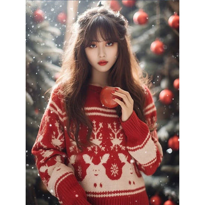 maoxiangshop  -  Women Autumn Winter Fashion Loose Red O-neck Long Sleeve Christmas Knitwear Women Clothes Trend All-match Sweet Knitting Tops