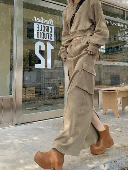 maoxiangshop-Retro Women Sets New Spring Autumn Fashion Long Sleeve Printed Top Pockets Split Long Skirt Solid Two Piece Sets Female