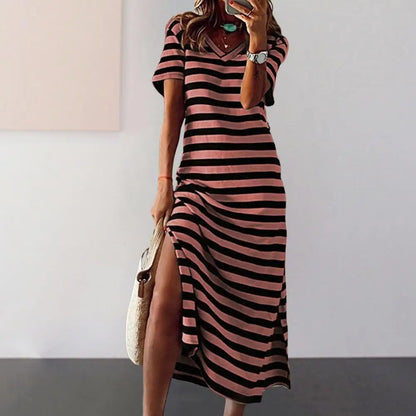 maoxiangshop Summer Dresses Woman Plus Size Dresses For Women Casual Stripe Print V-neck Short Sleeve Loose Long Dress Robe Femme