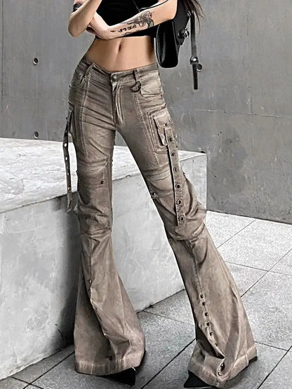 Washed Brown Utility Bootcut Jeans for Women American Style Street Pocket Wide Leg Pants Harajuku Style Y2k Casual Trousers