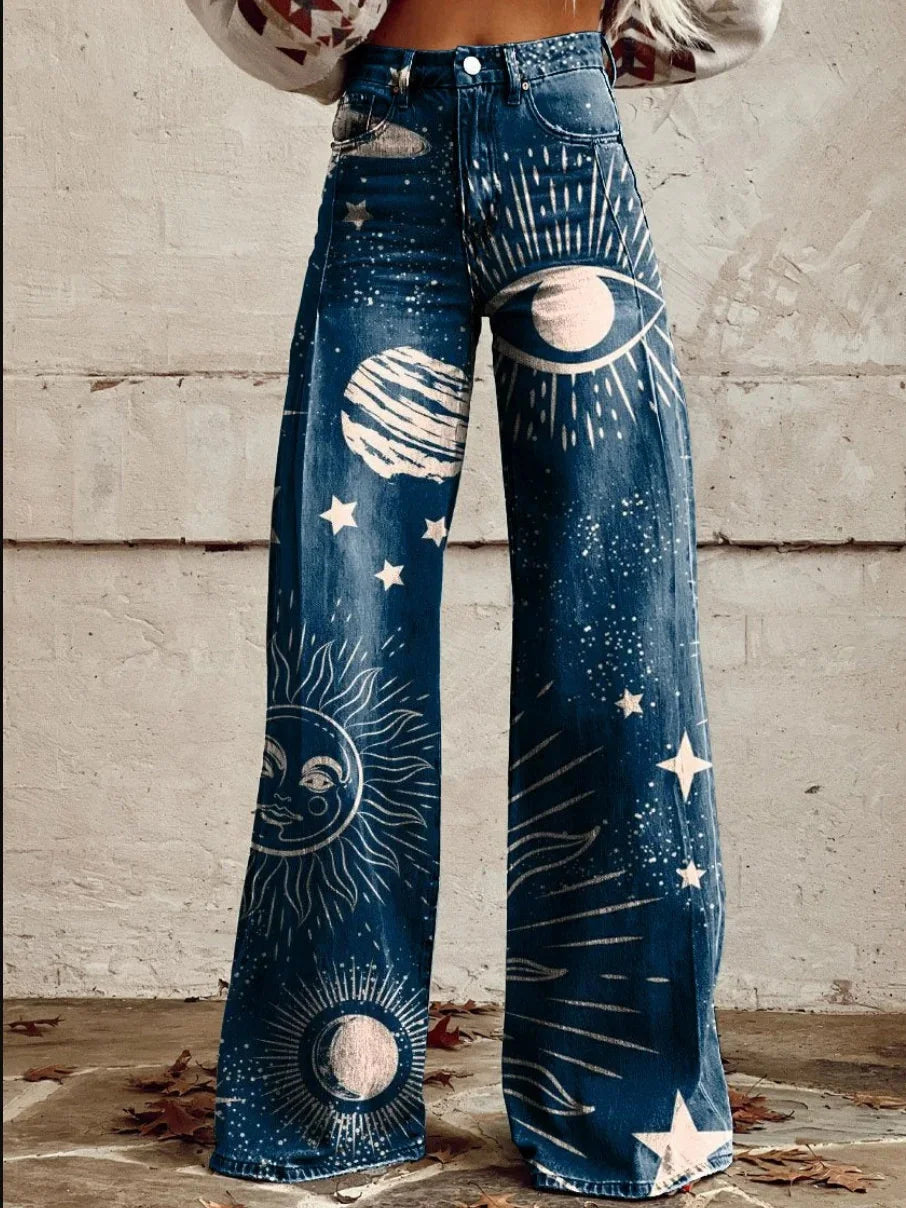 maoxiangshop  -  Trendy Retro Plus Size 3D Print Pants Women Autumn New Fashion Casual Comfortable Imitation Jeans Wide Leg Baggy Jeans Y2k Pants