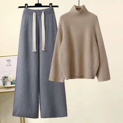 maoxiangshop Autumn Winter Warm Knitted Suit Women Long Sleeve Half Turtleneck Knitting Sweater And Wide Leg Pants Sets Outer Wear Loose Set