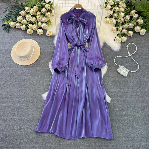 maoxiangshop Frenchic Vintage Long Dress Women Lace-up Bow Collar Lantern Sleeve Female Vestidos De Mujer Spring Elegant Dresses