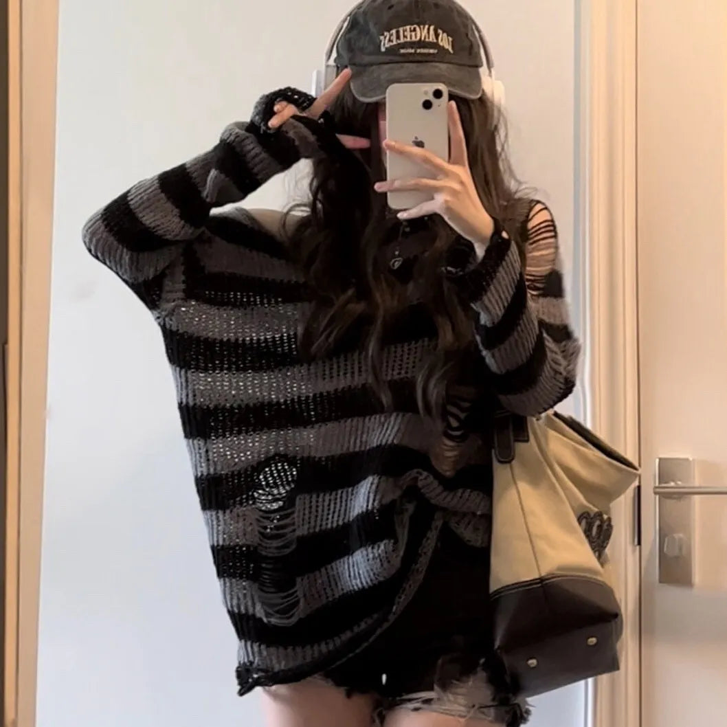 Y2K Oversized Sweater Thin Striped Knitted Gothic Streetwear Grunge Aesthetic Slytherin Pullovers Punk Jumper Hole Tops E-girl