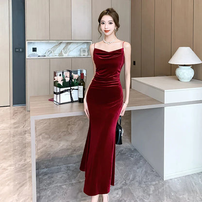 maoxiangshop Sexy Vintage Split Velvet Spaghetti Strap Midi Dresses for Women Autumn Winter French Elegant Wedding Party Female Clothing