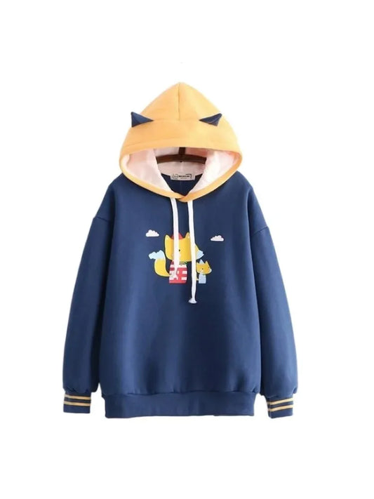 maoxiangshop Harakuju Cartoon Fox Print Casual Pullover Hoodies Women Winter Long Sleeve Hooded Sweatshirt Girly Loose Female Fleece Top