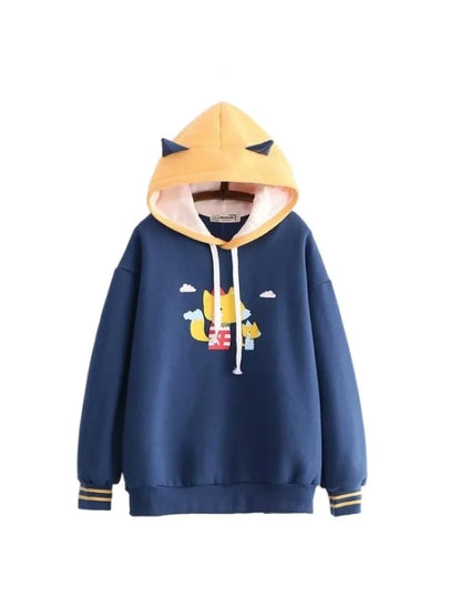 maoxiangshop Harakuju Cartoon Fox Print Casual Pullover Hoodies Women Winter Long Sleeve Hooded Sweatshirt Girly Loose Female Fleece Top
