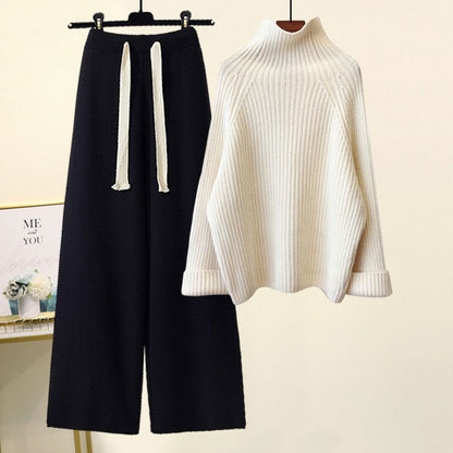 maoxiangshop Autumn Winter Warm Knitted Suit Women Long Sleeve Half Turtleneck Knitting Sweater And Wide Leg Pants Sets Outer Wear Loose Set