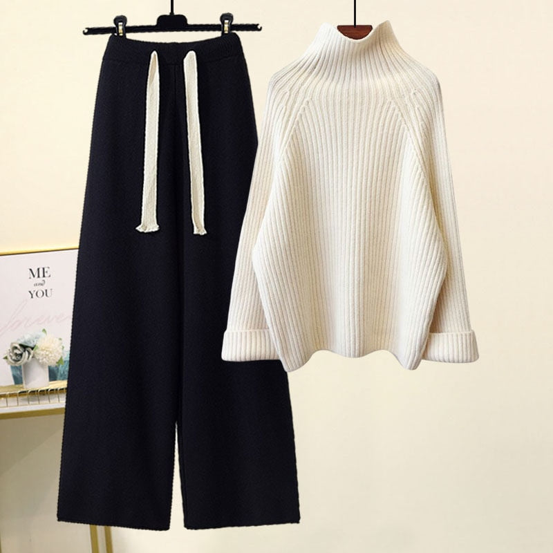 maoxiangshop Autumn Winter Warm Knitted Suit Women Long Sleeve Half Turtleneck Knitting Sweater And Wide Leg Pants Sets Outer Wear Loose Set