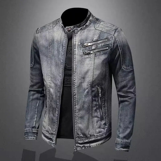 maoxiangshop Denim Jackets Men Casual Stand Collar Moto Biker Outerwear Coats Mens Fashion Zippers Motorcycle Streetwear Jacket Male Clothes