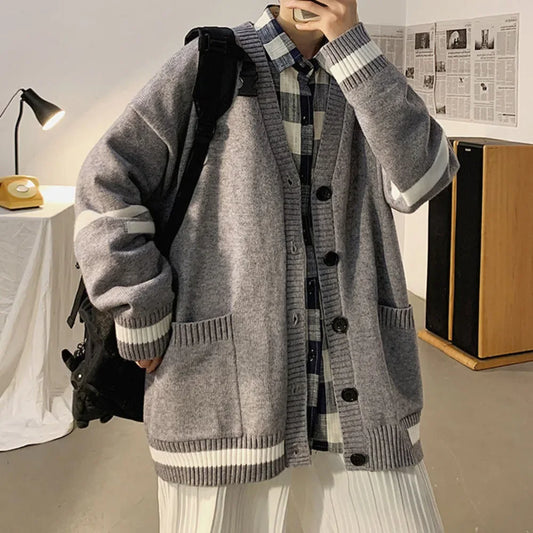maoxiangshop Autumn and Winter Cardigan Sweater Men Ins Hong Kong Wind Loose Lazy Wind V-neck Sweater Korean Version of the Trend Everything