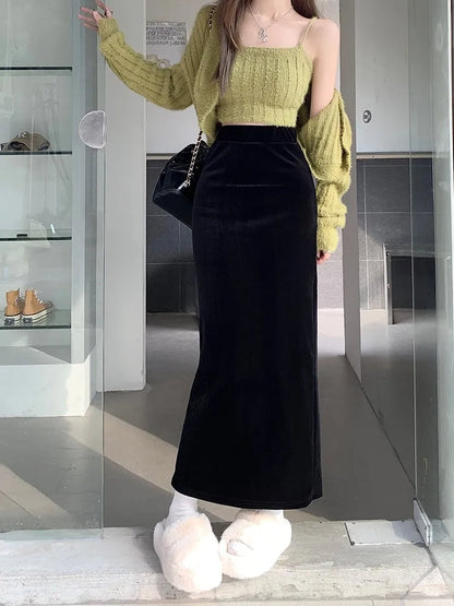 maoxiangshop Fish Tail Velvet Skirt Women Mermaid Trumpet Long Skirts Ankle Length Empire High Waist Skinny Bodycon Skirt Female