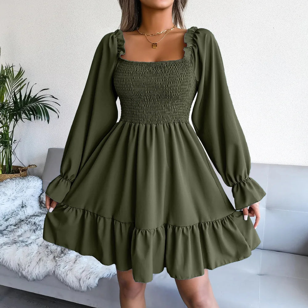 maoxiangshop Off Shoulder Ruffle Short Mini Dress Women Summer Fashion A Line Sundress Robe Female Solid Color Casual Sundress