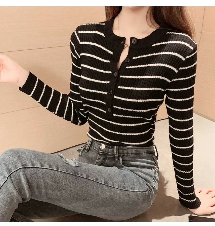 maoxiangshop Women T-shirts Elegant Stripes Knitted Tees Buttoned Up Long Sleeve Slim Women Knitted T-shirts Autumn Winter