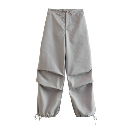 Women Fashion Parachute Pants Casual Cargo Pants Low Waist Drawstring Streetwear Baggy Trousers Y2k Pleat Jogging Sweatpants