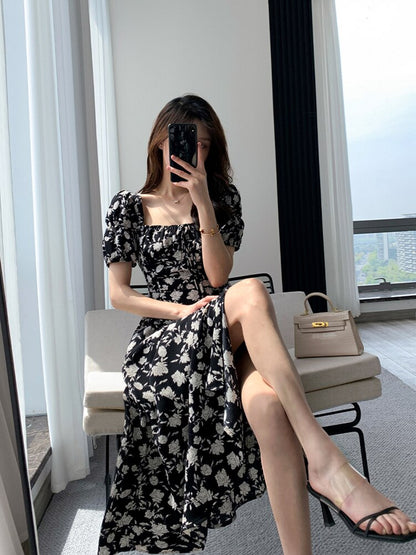 maoxiangshop Vintage French Sexy Bodycon Black Floral Square Collar Office Lady Midi Chiffon Dress Women Party Elegant Clothes Summer