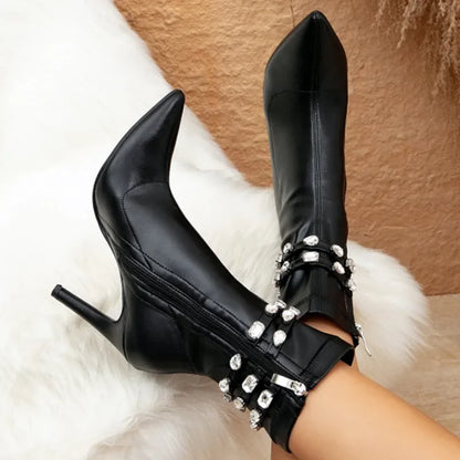 maoxiangshop  -  Fashion Crystal Diamond Ankle Boots Women Spring Winter Sexy Pointed Toe Thin High Heels Zip Soft Leather Chelsea Botas Mujer