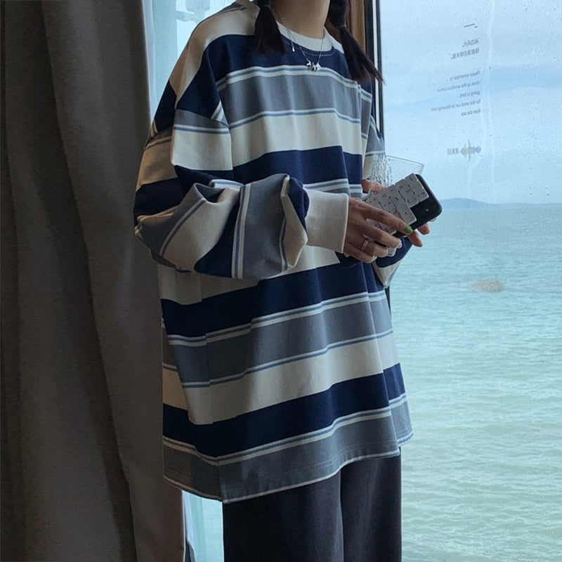 spring autumn Striped hoodies women fashion Long Sleeve Hoodie Sweatshirt Harajuku Jumper cotton Pullovers Casual oversized Coat