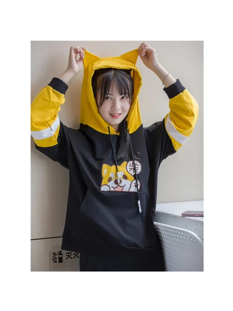 maoxiangshop Women Cotton Hoodies And Sweatshirt Cartoon Dog Embroidery Patchwork Hooded Pullover For Sweet Style Girl Drawstring Tracksuits