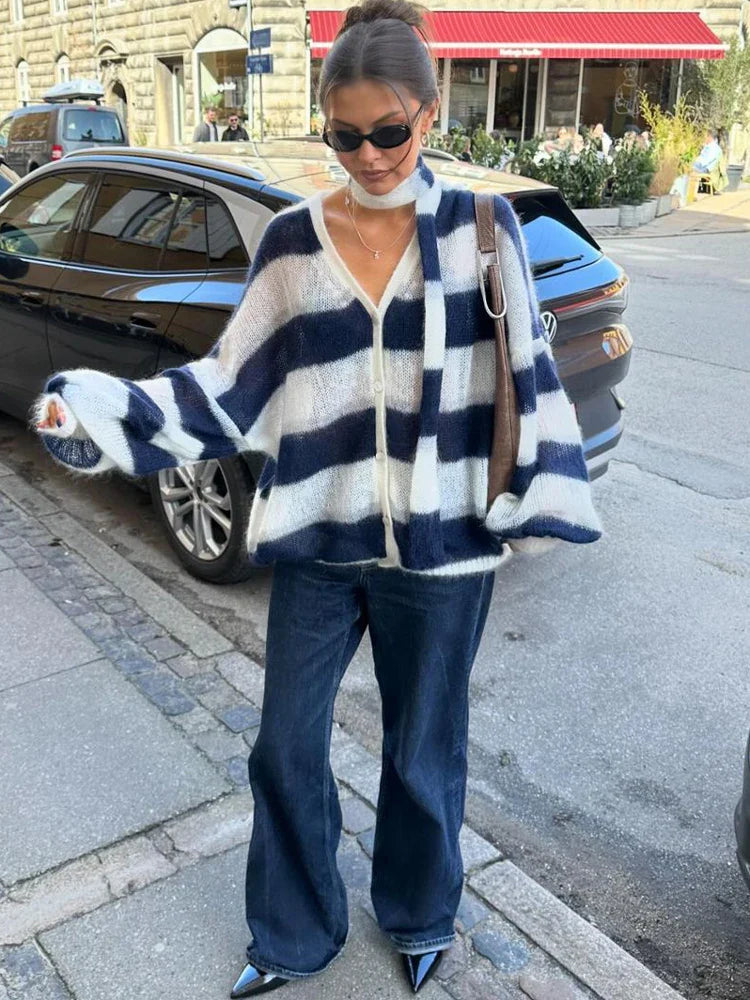 maoxiangshop  -  V-Neck Scarf Sweater Cardigan Female Contrast Casual Patchwork Autumn Hollow Out Outwear Women's Knitwear Coat Cardigan