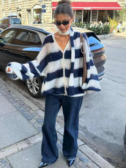 maoxiangshop  -  V-Neck Scarf Sweater Cardigan Female Contrast Casual Patchwork Autumn Hollow Out Outwear Women's Knitwear Coat Cardigan