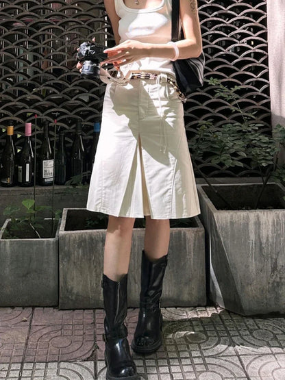 maoxiangshop  -  White Long Skirt Women Y2k American Retro High Waist Irregular Streetwear Vintage Knee-length Midi Skirt Autumn 2024