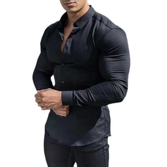 maoxiangshop New Fashion Casual long Sleeve Solid Shirt Mens Super Slim Fit Male Social Business Dress Shirt Men Gym Fitness Sports Clothing