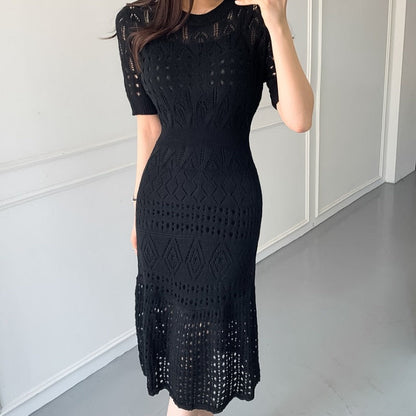 maoxiangshop Casual Chic Korean Temperament Slim Sexy Hollow Out Dresses O Neck Short Sleeve Wrap Hip Knitted Dress White Lady Summer