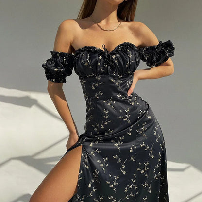 2024 Spring Summer New Women's Clothing Sexy Off Shoulder Puff Sleeve Waist Slit Floral Dress Fashion Long Dress