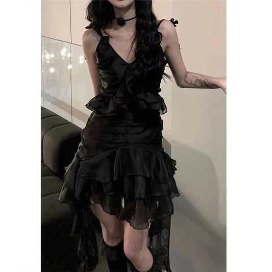 Y2K Ruffles Irreular Dress Women Gothic Sexy Strap A Line Mini Dresses Dark Fairy V Neck Asymmetrical Sleeveless Sundress