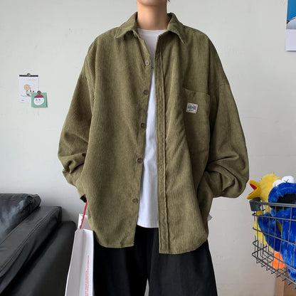 maoxiangshop Men Corduroy Shirts Harajuku Korean Loose Style Long Sleeve Vintage Streetwear Overshirt M-3XL