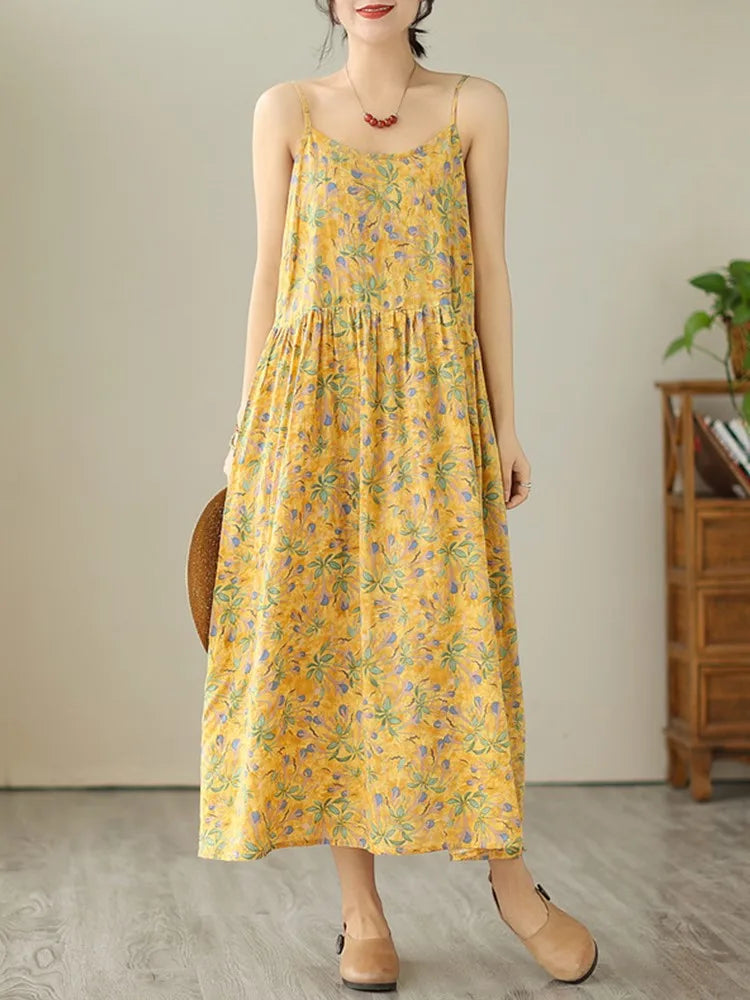 Anteef sleeveless strap cotton vintage floral new in dresses for women casual loose long summer dress elegant clothing 2024